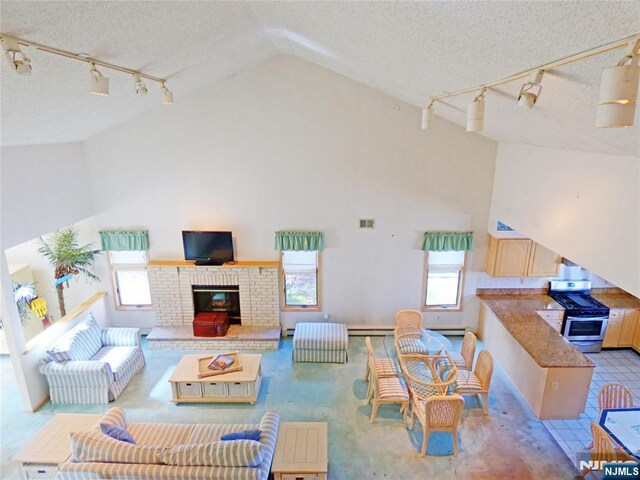 112 Heatherington Ct, Lacey, NJ 08734 - living room featuring rail lighting, a textured ceiling, vaulted ceiling, and a healthy amount of sunlight
