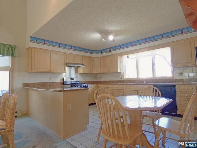 112 Heatherington Ct, Lacey, NJ 08734 - kitchen featuring black dishwasher, stainless steel range with gas cooktop, a textured ceiling, light brown cabinetry, and under cabinet range hood