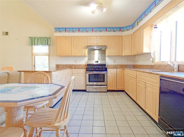 112 Heatherington Ct, Lacey, NJ 08734 - kitchen featuring light tile patterned floors, black dishwasher, under cabinet range hood, gas stove, and light brown cabinets