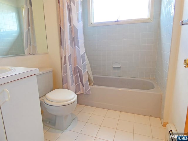 112 Heatherington Ct, Lacey, NJ 08734 - bathroom featuring vanity, tile patterned flooring, baseboard heating, toilet, and shower / bath combo with shower curtain