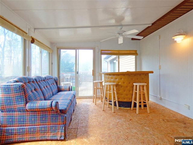 112 Heatherington Ct, Lacey, NJ 08734 - living room featuring a wealth of natural light, ceiling fan, and lofted ceiling with beams