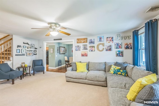 2 Beechwood Ave, Par-Troy Hills Twp, NJ 07034 - living area featuring stairs, a ceiling fan, and carpet