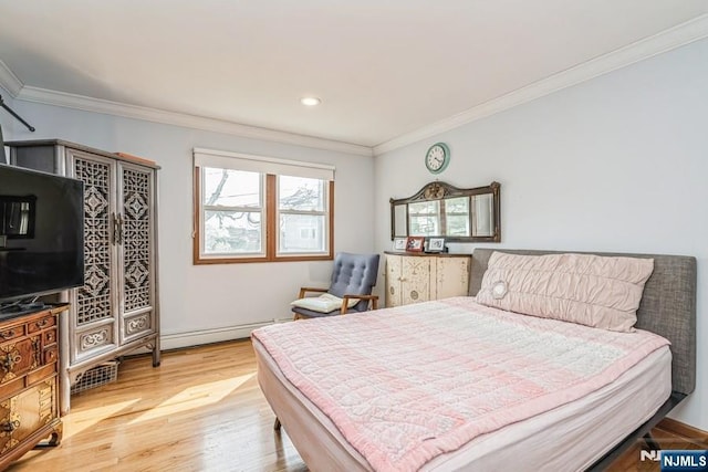 bedroom featuring ornamental molding, light wood-style flooring, recessed lighting, and baseboard heating