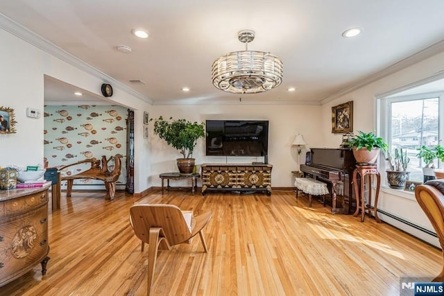 living area featuring recessed lighting, light wood-type flooring, and ornamental molding