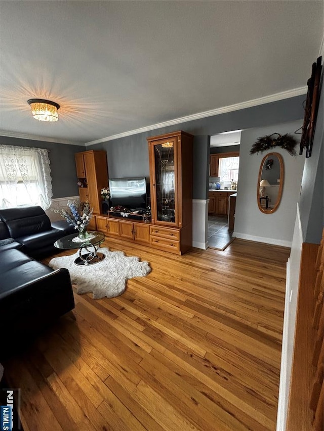 living area with crown molding, light wood finished floors, and wainscoting