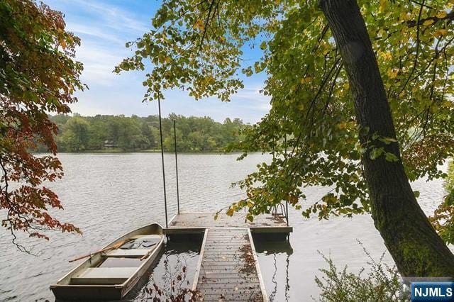 view of dock featuring a view of trees and a water view