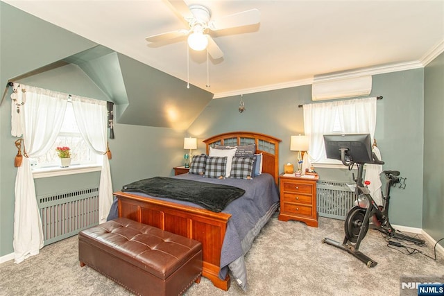 bedroom featuring radiator, carpet flooring, an AC wall unit, and baseboards