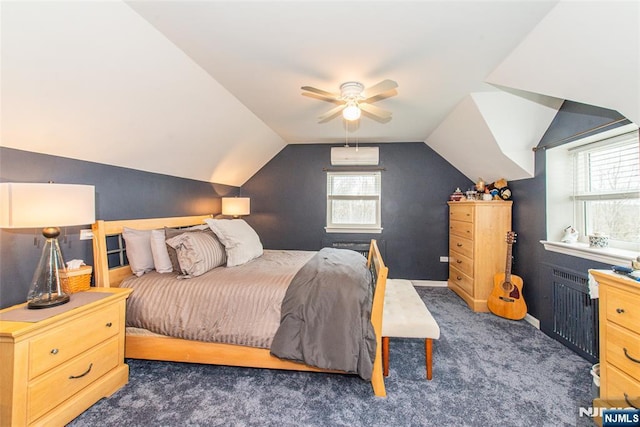 bedroom with radiator, vaulted ceiling, a ceiling fan, carpet floors, and baseboards