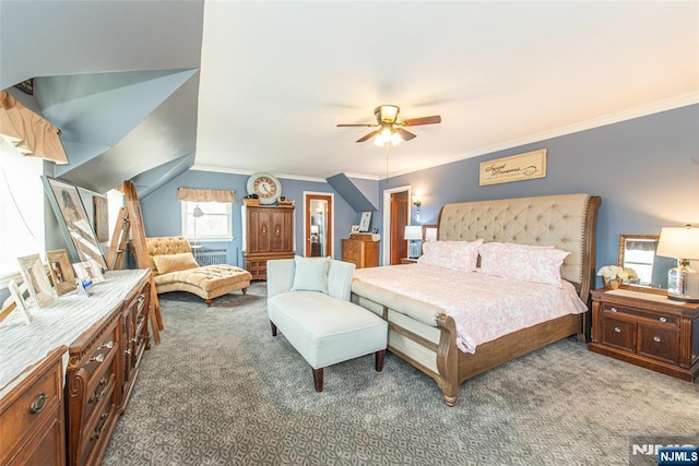 carpeted bedroom with ceiling fan and crown molding