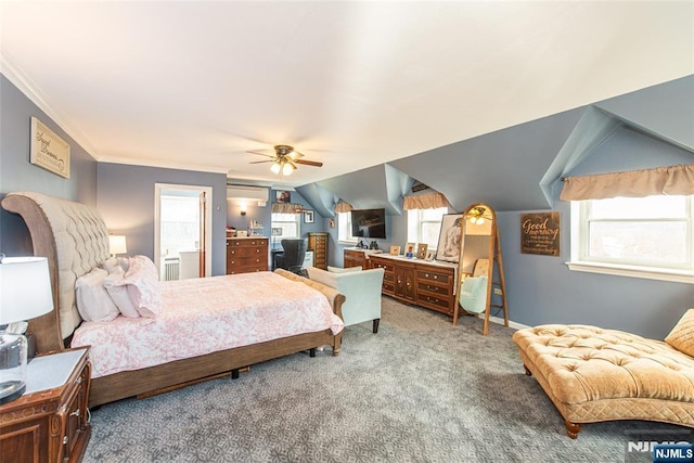 bedroom with carpet, ornamental molding, a ceiling fan, and multiple windows