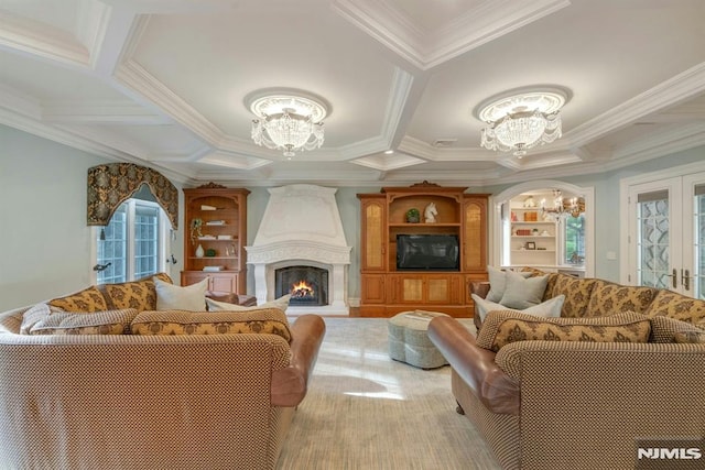 22 Nottingham Ct, Ringwood, NJ 07456 - living room featuring a chandelier, crown molding, coffered ceiling, and a fireplace