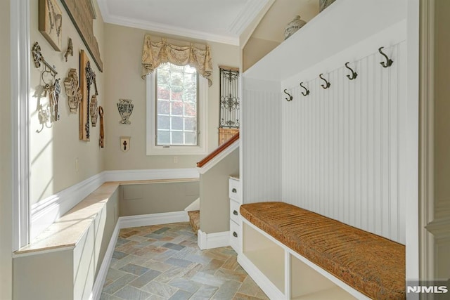 22 Nottingham Ct, Ringwood, NJ 07456 - mudroom featuring crown molding and light stone finish floors