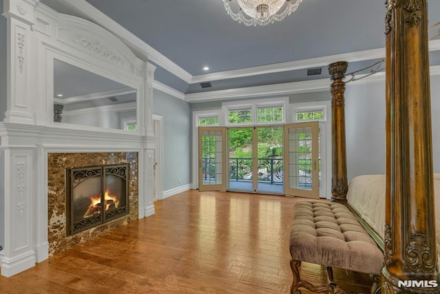 22 Nottingham Ct, Ringwood, NJ 07456 - living room featuring wood finished floors, crown molding, a high end fireplace, recessed lighting, and baseboards