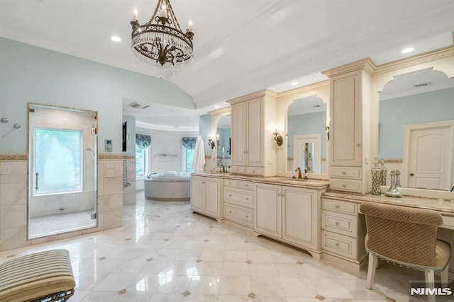 22 Nottingham Ct, Ringwood, NJ 07456 - bathroom with a chandelier, crown molding, a shower with door, a bath, and vanity