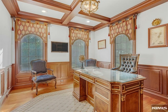 22 Nottingham Ct, Ringwood, NJ 07456 - home office with a wainscoted wall, crown molding, beam ceiling, light wood-style floors, and a decorative wall