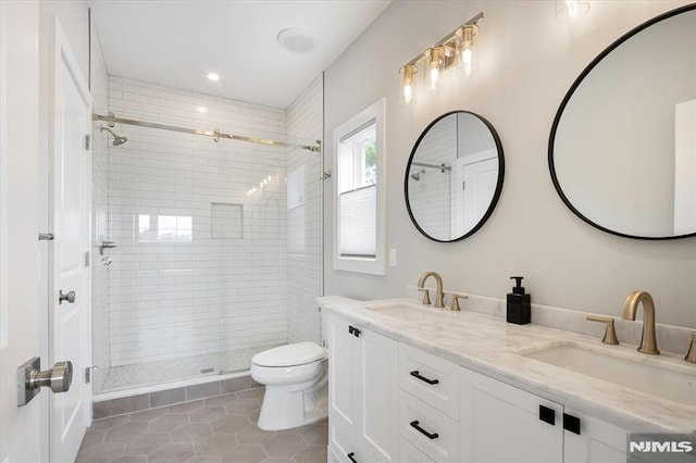 133 Graham Ter, Saddle Brook, NJ 07663 - full bathroom featuring tile patterned flooring, a shower stall, double vanity, and recessed lighting