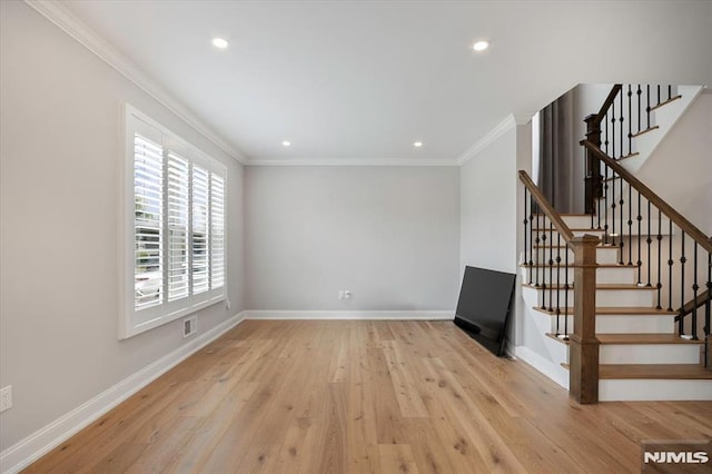 133 Graham Ter, Saddle Brook, NJ 07663 - unfurnished living room featuring ornamental molding, stairway, light wood-style floors, and recessed lighting