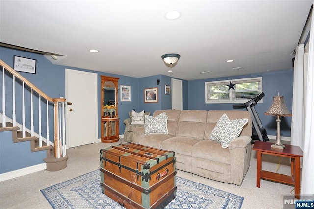carpeted living room featuring stairs, recessed lighting, and baseboards