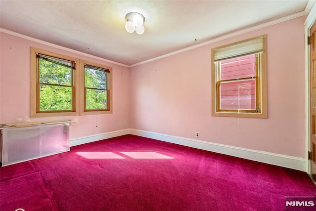 carpeted spare room featuring crown molding and baseboards