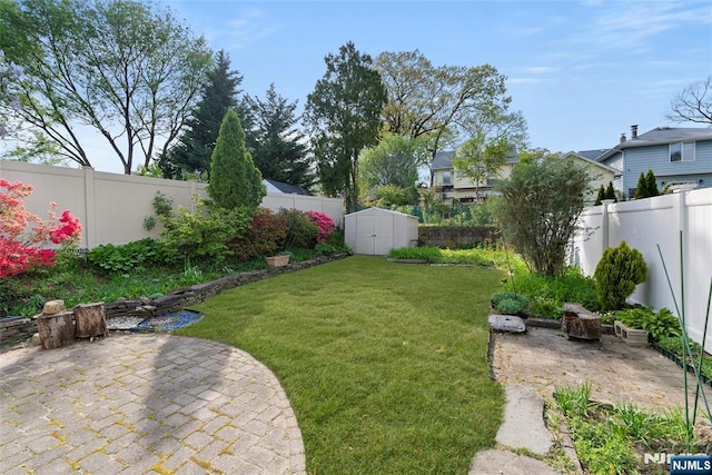 view of yard with a storage shed, a patio, an outdoor structure, and a fenced backyard