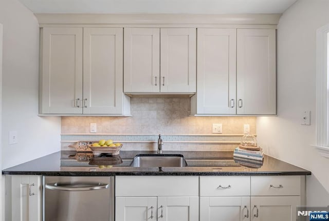kitchen featuring stainless steel dishwasher, a sink, dark stone counters, decorative backsplash, and white cabinetry