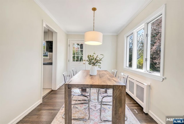 dining room with a healthy amount of sunlight, crown molding, and dark wood-style flooring