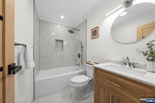 bathroom with  shower combination, toilet, marble finish floor, crown molding, and vanity