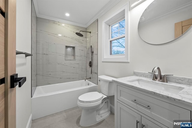 bathroom with tile patterned floors, toilet, shower / bathtub combination, crown molding, and vanity