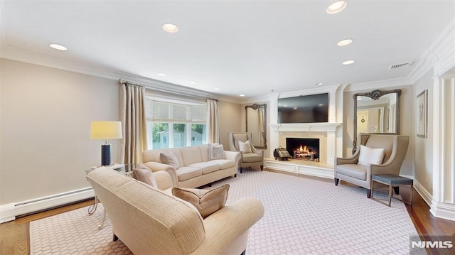 19 Merrill Dr, Mahwah, NJ 07430 - living room with a warm lit fireplace, a baseboard radiator, crown molding, recessed lighting, and wood finished floors