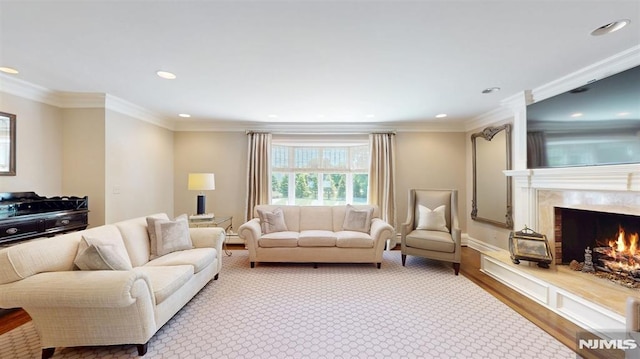 19 Merrill Dr, Mahwah, NJ 07430 - living room with recessed lighting, a high end fireplace, crown molding, baseboards, and a baseboard radiator