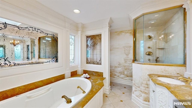 19 Merrill Dr, Mahwah, NJ 07430 - bathroom featuring a stall shower, a bath, vanity, tile patterned flooring, and a chandelier