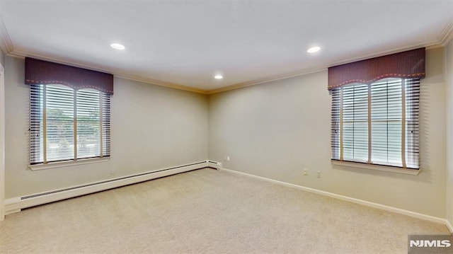 19 Merrill Dr, Mahwah, NJ 07430 - carpeted empty room featuring a baseboard radiator, ornamental molding, recessed lighting, and baseboards