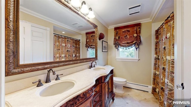 19 Merrill Dr, Mahwah, NJ 07430 - full bath featuring a baseboard radiator, double vanity, toilet, and crown molding