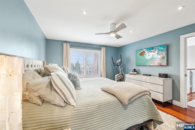 bedroom featuring a ceiling fan, recessed lighting, and wood finished floors
