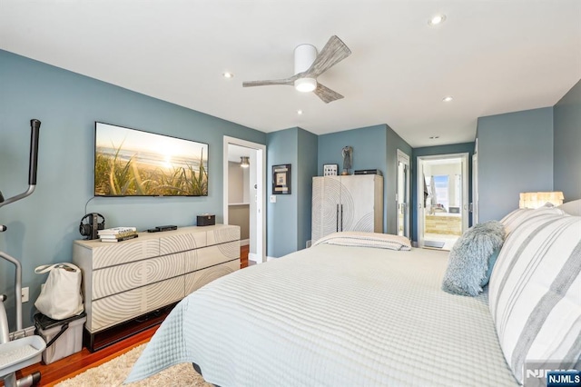 bedroom featuring a ceiling fan, recessed lighting, and connected bathroom