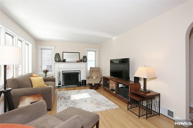 living room with visible vents, arched walkways, light wood-style floors, and a fireplace
