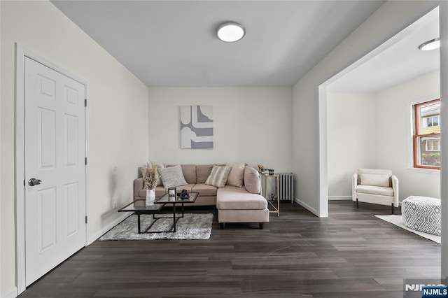 85 Anderson Ave, Wallington, NJ 07057 - living room featuring radiator, dark wood-type flooring, and baseboards