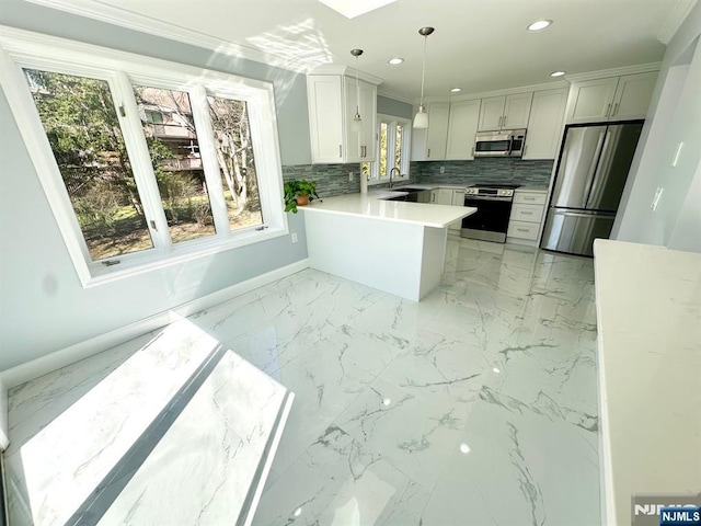 kitchen featuring stainless steel appliances, marble finish floor, decorative backsplash, and recessed lighting