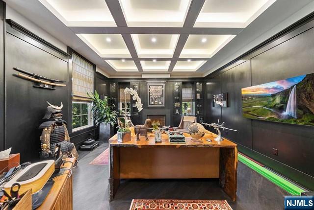 354 Hardenburgh Ave, Demarest, NJ 07627 - home office featuring coffered ceiling, a lit fireplace, and beam ceiling