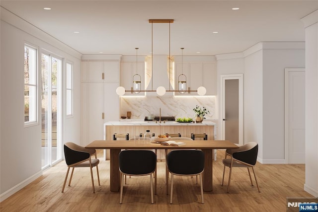 dining room featuring recessed lighting, baseboards, and light wood finished floors