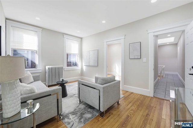 living area featuring wood finished floors, a wealth of natural light, and radiator