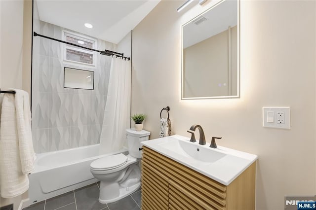 bathroom featuring tile patterned flooring, shower / bathtub combination with curtain, visible vents, toilet, and vanity