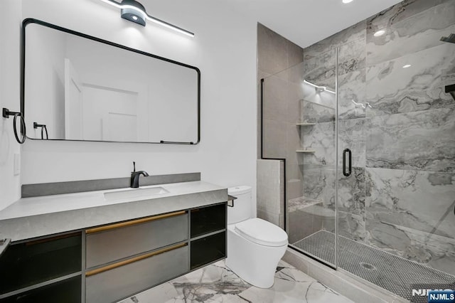 full bathroom featuring recessed lighting, marble finish floor, toilet, vanity, and a marble finish shower