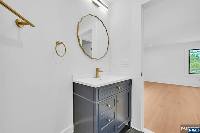 bathroom featuring baseboards, vanity, and wood finished floors