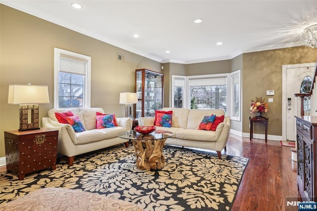 living room featuring recessed lighting, visible vents, a wealth of natural light, and dark wood-type flooring