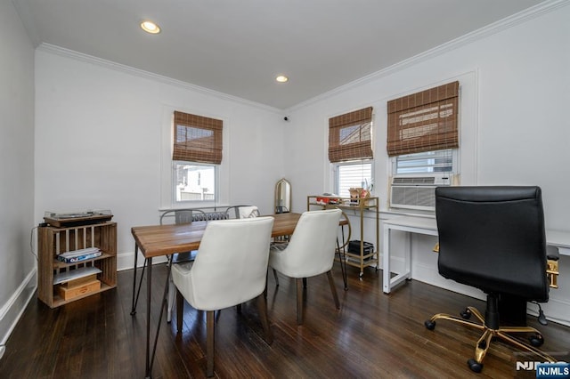 dining area featuring a wealth of natural light, wood finished floors, recessed lighting, and ornamental molding