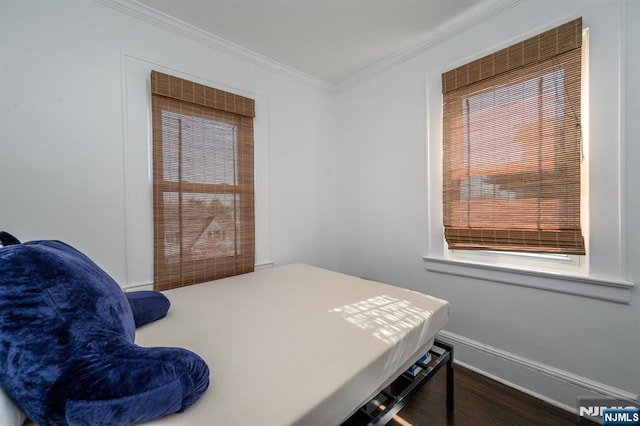 interior space with baseboards, wood finished floors, multiple windows, and crown molding