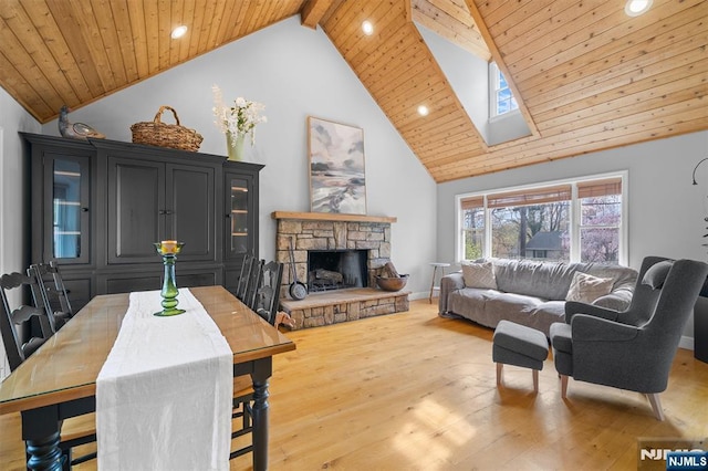 living room featuring light wood-style floors, wooden ceiling, recessed lighting, high vaulted ceiling, and a skylight