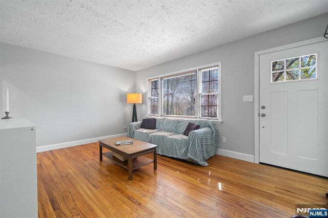 living room with hardwood / wood-style floors, baseboards, and a textured ceiling