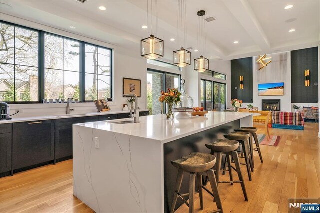 kitchen with dark cabinetry, a kitchen island with sink, a sink, and light wood-style flooring